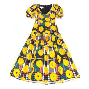 NEW De Loreta Sol Dress Cottagecore Puff Sleeve Midi Cotton Poplin Tartan Floral